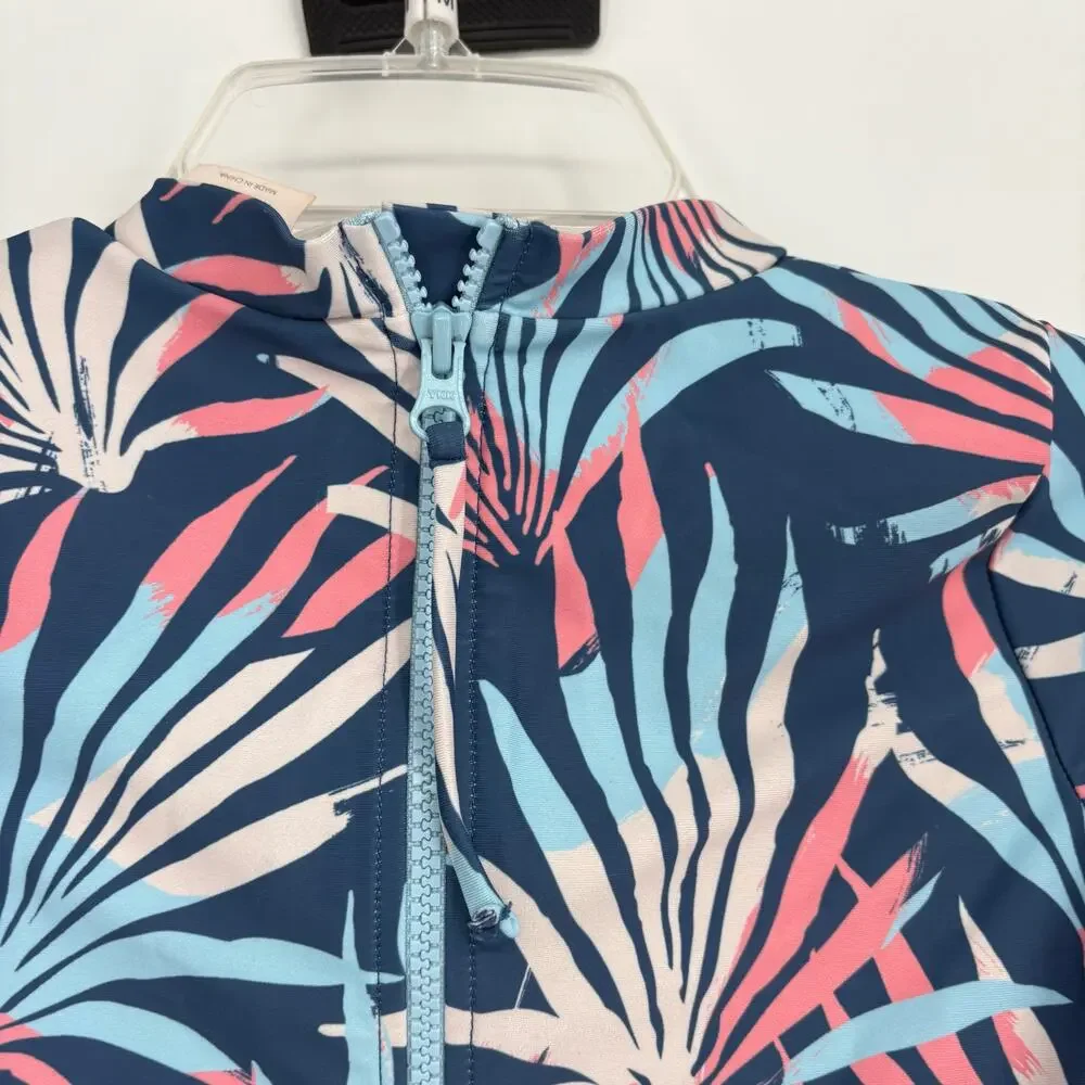 Feather 4 Arrow Pink Blue Tropical Leaf Print Girls Swimsuit Rash Guard‎ Size 8